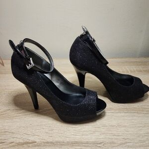G by Guess Black Lace Peep-Toe Heels